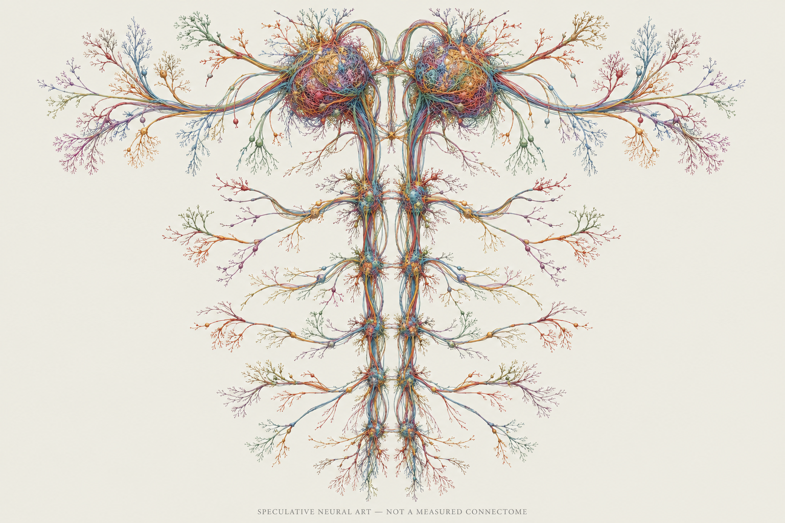 Top-down artistic view of a bilateral neural system with branching lateral fibres
