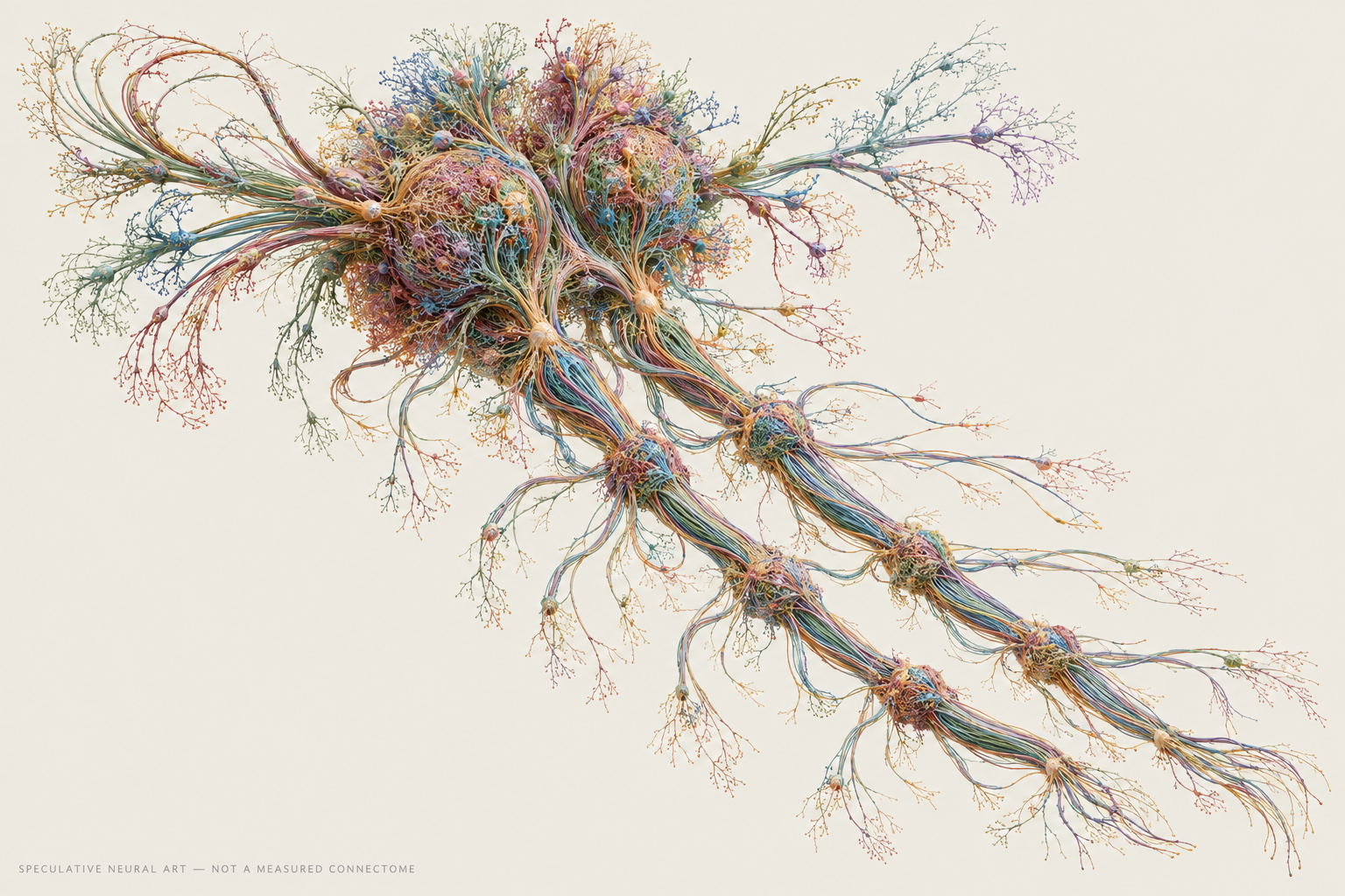 Artistic oblique view of lobster-inspired neural fibres in ochre, teal, burgundy and blue